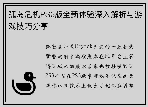 孤岛危机PS3版全新体验深入解析与游戏技巧分享